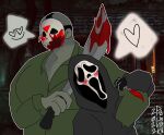  &lt;3 blood blood_on_face blood_on_weapon blush blush_lines bodily_fluids dialogue_box duo friday_the_13th ghostface human humanoid jason_voorhees male male/male mammal muscular muscular_male not_furry punky33n_(artist) romantic romantic_couple scream_(movie) weapon 