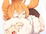  1girl animal animal_ears animal_hug black_skirt closed_eyes meemo orange_hair original rina_(meemo) scared sheep shirt skirt sleeping tail tears white_shirt wolf_ears wolf_girl wolf_tail 