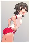  adjusting_buruma adjusting_clothes akagi_miria arms_behind_back ass bangs blush breasts brown_eyes buruma commentary_request commission eyebrows_visible_through_hair grey_background highres idolmaster idolmaster_cinderella_girls looking_at_viewer open_mouth red_buruma shirt short_hair short_sleeves short_twintails skeb_commission small_breasts smile solo thighs twintails wgm_oekaki white_shirt 
