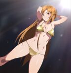  1girl armpits arms_behind_head arms_up asuna_(sao) braid breasts breasts_apart brown_eyes brown_hair collarbone french_braid gold_bikini head_tilt highres large_breasts long_hair looking_at_viewer navel nervous parted_lips presenting puge short_ponytail standing string_bikini sword_art_online 