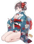  1girl bangs barefoot blue_eyes blue_kimono blush breasts brown_hair cleavage collar earrings eyebrows_visible_through_hair flower hair_flower hair_ornament hand_fan holding holding_fan japanese_clothes jewelry kimono kurumi_(recycllamo) legs long_sleeves looking_at_viewer medium_hair original parted_lips red_flower sitting solo wide_sleeves 