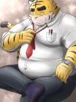  2022 anthro belly big_belly bodily_fluids bottomwear clothing felid hi_res humanoid_hands inunodaidokoro kemono male mammal necktie overweight overweight_male pantherine pants pink_nose shirt sitting solo sweat tiger topwear white_body yellow_body 