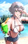  1girl :d absurdres bangs beach bikini bikini_skirt blue_choker blue_sky breasts cherry choker cloud cream cup drink eyewear_on_head food fruit glasses green_eyes grey_hair hand_up highres holding holding_cup holding_drink hololive incoming_drink large_breasts looking_at_viewer mole mole_on_breast navel open_mouth shirogane_noel short_hair sky smile solo stomach swimsuit toi1et_paper virtual_youtuber wafer_stick water 