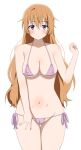  1girl absurdres areola_slip bangs bikini blush breasts brown_hair cameltoe covered_nipples eyebrows_visible_through_hair goa1126 hair_ornament hairclip hand_up highres konoe_kanata long_hair looking_at_viewer love_live! love_live!_nijigasaki_high_school_idol_club medium_breasts micro_bikini navel parted_lips pink_bikini purple_eyes side-tie_bikini simple_background solo stomach swimsuit thigh_gap thighs white_background 