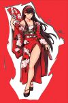  1girl absurdres alternate_costume amagi_yukiko bare_legs bare_shoulders black_hair breasts cleavage dual_wielding english_commentary floral_print flower folding_fan full_body grey_eyes hair_flower hair_ornament hairband hand_fan highres hime_cut holding holding_fan japanese_clothes kimono legs long_hair long_legs medium_breasts obi off-shoulder_kimono persona persona_4 print_kimono red_background red_hairband red_kimono sandals sarashi sash side_slit solo toes two-tone_background vj99 white_background wide_sleeves 