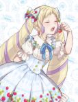  1girl arm_behind_back arm_up bangs blonde_hair blue_background blue_bow blue_dress blush bow center_frills closed_eyes cowboy_shot dress drill_hair earrings eating elise_(fire_emblem) fire_emblem fire_emblem_fates floral_print flower food food-themed_earrings food_print frilled_sleeves frills from_side fruit hair_bow hair_flower hair_ornament hair_ribbon hiyori_(rindou66) holding holding_food holding_fruit jewelry leaning_forward long_hair open_mouth print_bow print_dress puffy_short_sleeves puffy_sleeves purple_ribbon ribbon round_teeth short_bangs short_sleeves solo strawberry strawberry_blossoms strawberry_earrings strawberry_print teeth twin_drills twintails u_u underbust very_long_hair white_background white_flower wing_collar 
