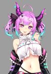  1girl :p ahoge bare_shoulders belt bow breasts copyright_request crop_top grey_background hair_ornament heart highres horns long_hair looking_at_viewer midriff multicolored_hair navel pink_hair purple_eyes purple_hair raptor7 shirt sleeveless sleeveless_shirt solo tongue tongue_out twintails upper_body white_shirt 