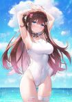  1girl :o armpits arms_behind_head arms_up ass_visible_through_thighs ayamy ayamy_(vtuber) bandaged_leg bandages bandaid bare_arms bare_shoulders bell black_choker bow breasts brown_hair choker cloud covered_navel cowboy_shot day groin hair_bow hair_ornament hairclip highleg highleg_swimsuit highres impossible_clothes impossible_swimsuit indie_virtual_youtuber jingle_bell large_breasts one-piece_swimsuit one_side_up outdoors parted_lips side_cutout sideboob skindentation solo standing swimsuit taut_clothes taut_swimsuit thigh_gap thighs virtual_youtuber wet white_swimsuit 