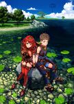  1boy 1girl absurdres bangs black_gloves breasts chest_jewel earrings fingerless_gloves gem gloves headpiece highres jewelry large_breasts poteto_(potetosarada123) pyra_(xenoblade) red_eyes red_hair red_legwear red_shorts rex_(xenoblade) short_hair short_shorts shorts swept_bangs thighhighs tiara xenoblade_chronicles_(series) xenoblade_chronicles_2 