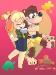  animal_crossing anthro backpack banjo-kazooie banjo_(banjo-kazooie) blush bottomwear brown_bear canid canine canis clothed clothing domestic_dog duo embrace female fur happy hi_res hug isabelle_(animal_crossing) jewelry male male/female mammal necklace nintendo open_mouth open_smile rareware shih_tzu shorts smile standing super_smash_bros. toy_dog ursid ursine video_games 