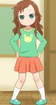  1girl absurdres blue_footwear brown_hair forehead full_body green_bell_(yksk042) green_eyes green_shirt hands_on_hips highres indoors kneehighs kobayashi-san_chi_no_maidragon long_hair mary_janes orange_skirt saikawa_riko shirt shoes skirt smile solo white_legwear 