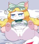  blonde_hair blue_eyes blush bottomless cat_busters clothed clothing crepix female genitals hair pussy semi-anthro solo white_body 