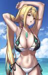  1girl bangs bikini blonde_hair breasts chest_jewel gem hakusai_(hksicabb) headpiece highres large_breasts long_hair mythra_(xenoblade) solo swept_bangs swimsuit tiara very_long_hair xenoblade_chronicles_(series) xenoblade_chronicles_2 yellow_eyes 