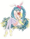  1girl :d animal_ears argyle argyle_legwear bangs bloomers blue_eyes blue_hair blush bow easter easter_egg egg eyebrows_visible_through_hair flower fur_cuffs hair_bow hair_flower hair_ornament haruwo hatsune_miku highres holding holding_egg long_hair looking_at_viewer nail_polish neck_ribbon open_mouth plant polka_dot polka_dot_bow pom_pom_(clothes) puffy_short_sleeves puffy_sleeves rabbit_ears rabbit_girl rabbit_tail ribbon short_sleeves sitting smile solo tail thighhighs twintails underwear very_long_hair vocaloid wristband zettai_ryouiki 