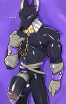  absurd_res anthro anubian_jackal anubis balls big_balls big_penis black_body black_nipples bodily_fluids canid canine canis deity dislyte drew_(dislyte) egyptian egyptian_mythology genital_fluids genitals gold_(metal) gold_jewelry hi_res jackal jewelry male mammal middle_eastern_mythology muscular muscular_male mythology nipples penis precum pubes purple_eyes solo tsukielewds 