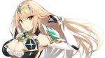  1girl bangs bare_shoulders blonde_hair breasts chest_jewel cleavage cleavage_cutout clothing_cutout dress earrings elbow_gloves gem gloves headpiece jewelry large_breasts long_hair mythra_(xenoblade) short_dress solo swept_bangs tiara very_long_hair white_dress white_gloves xenoblade_chronicles xenoblade_chronicles_(series) xenoblade_chronicles_2 yappen yellow_eyes 