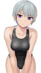  1girl bangs black_swimsuit breasts closed_mouth collarbone competition_swimsuit cowboy_shot expressionless eyebrows_visible_through_hair grey_hair hashi leaning_forward legs_apart looking_at_viewer medium_breasts one-piece_swimsuit original purple_eyes short_hair simple_background solo swimsuit white_background 