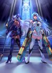  2girls dark-skinned_female dark_skin forehead_protector glowing_crystal highres kos-mos kos-mos_re: leotard light_blue_hair long_hair multiple_girls negresco red_eyes t-elos t-elos_re: very_long_hair xenoblade_chronicles_(series) xenoblade_chronicles_2 xenosaga 