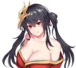 1girl :q absurdres azur_lane bangs bare_shoulders black_hair breasts cleavage crossed_bangs from_above hair_between_eyes highres huge_breasts japanese_clothes kimono long_hair looking_at_viewer mask mask_on_head off_shoulder pake_w red_eyes red_kimono simple_background solo taihou_(azur_lane) tongue tongue_out upper_body white_background 