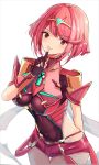  1girl bangs black_gloves breasts chest_jewel earrings fingerless_gloves gloves highres jewelry karuushi large_breasts pyra_(xenoblade) red_eyes red_hair red_legwear red_shorts short_hair short_shorts shorts solo swept_bangs thighhighs tiara xenoblade_chronicles_(series) xenoblade_chronicles_2 