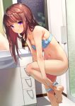  1girl absurdres bangs bare_arms barefoot bathroom blue_bra blue_panties blush bra breasts brown_hair closed_mouth collarbone commentary_request eyebrows_visible_through_hair highres indoors long_hair looking_at_viewer navel original panties purple_eyes small_breasts solo standing standing_on_one_leg toes underwear undressing yoko-ya_manjirou 