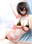  1girl absurdres bikini black_bikini black_hair breasts cleavage commentary_request floral_print highres kantai_collection large_breasts long_hair looking_at_viewer lying micro_bikini nagato_(kancolle) on_side red_eyes shamo_(ptwmjgda) solo swimsuit 