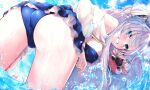  1girl anastasia_(fate) anastasia_(swimsuit_archer)_(fate) anastasia_(swimsuit_archer)_(third_ascension)_(fate) ass bangs bare_shoulders beach bent_over bikini blue_bikini blue_eyes blue_skirt blue_sky blush bow breasts doll fate/grand_order fate_(series) grin hair_bow hair_over_one_eye harii_(janib5kc) highres large_breasts long_hair long_sleeves looking_at_viewer looking_back miniskirt ocean ponytail puffy_long_sleeves puffy_sleeves skirt sky smile swimsuit thighs very_long_hair viy_(fate) wading water watermelon_slice white_hair 