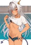  1girl bangs bikini bikini_under_clothes black_bikini blurry blurry_background blush breasts clothes_lift collarbone commentary_request cowboy_shot cutoffs dark-skinned_female dark_skin demon_tail enjo_kouhai fang fingernails grin groin hair_between_eyes hand_on_hip highres horns lifted_by_self long_hair looking_at_viewer micro_shorts navel pool red_eyes see-through see-through_shirt sharp_fingernails shirt shirt_lift short_sleeves shorts small_breasts smile solo stomach swimsuit tail takunomi teeth tied_shirt ursula_(takunomi) very_long_hair wet wet_clothes wet_shirt white_hair white_shirt 