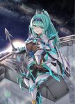  1girl aegis_sword_(xenoblade) bangs breasts chest_jewel earrings gem gloves greek_text green_eyes green_hair headpiece high_heels highres jewelry large_breasts long_hair pneuma_(xenoblade) ponytail sarasadou_dan solo swept_bangs tiara very_long_hair xenoblade_chronicles_(series) xenoblade_chronicles_2 