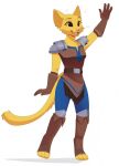  2019 anthro armor bethesda_softworks clothed clothing felid female feve fur gloves handwear hi_res katia_managan khajiit mammal open_mouth pauldron prequel_adventure simple_background smile solo the_elder_scrolls video_games wave webcomic white_background yellow_body yellow_fur 