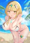  1girl absurdres bangs blonde_hair braid breasts chest_jewel cleavage earrings gem headpiece highres jewelry large_breasts long_hair mythra_(xenoblade) shiratamaaji solo swept_bangs swimsuit tiara very_long_hair xenoblade_chronicles_(series) xenoblade_chronicles_2 yellow_eyes 