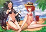  2girls bangs bare_legs bare_shoulders barefoot beach bikini black_bikini black_hair breasts breasts_apart bright_pupils can cleavage collarbone criss-cross_halter drink eyewear_on_headwear fang fantasy feathers forehead grey_eyes grin hair_between_eyes halter_top halterneck hat highres kein_hasegawa kneeling linea_alba long_hair long_sleeves looking_at_viewer medium_breasts monster_girl multi-strapped_bikini multiple_girls navel ocean open_clothes open_mouth open_shirt original palm_tree parted_bangs red_hair shirt single_wing sitting sky smile soda_can striped striped_bikini swimsuit tail thighs tree tsurime underboob very_long_hair water white_shirt wings yellow_eyes 