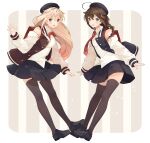  2girls ahoge beret black_footwear black_hair black_legwear black_ribbon black_skirt black_vest blonde_hair blue_eyes blush braid buttons detached_sleeves full_body hair_between_eyes hair_flaps hair_ornament hair_over_shoulder hair_ribbon hairclip hat jacket kantai_collection letterman_jacket long_hair multiple_girls necktie official_alternate_costume open_clothes open_mouth open_vest pleated_skirt red_eyes red_necktie ribbon shakemi_(sake_mgmgmg) shigure_(kancolle) shigure_kai_ni_(kancolle) shoes single_braid skirt smile striped striped_background thighhighs vest yuudachi_(kancolle) yuudachi_kai_ni_(kancolle) 
