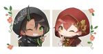  2boys aragami_oga black_capelet black_hair black_jacket bow braid braided_bangs brown_capelet capelet chibi collared_shirt dark-skinned_male dark_skin earrings finger_to_cheek fingerless_gloves flower fur_trim gloves gold_trim green_eyes green_gloves green_vest grin hair_between_eyes hair_ornament hanasaki_miyabi holostars hood hood_up hooded_capelet hooded_jacket horns index_finger_raised jacket jewelry leaf_hair_ornament light_blush looking_at_viewer male_focus mioto_(tsubsq_m) multicolored_hair multiple_boys official_alternate_costume one_eye_closed outline pink_flower red_hair red_hood sharp_teeth shirt short_hair shoulder_cape single_horn smile streaked_hair teeth upper_body v-shaped_eyebrows vest virtual_youtuber white_background white_outline white_shirt yellow_bow yellow_eyes zipper 