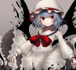  1girl absurdres bat_wings blue_hair bow dress eyebrows_behind_hair frills grey_background hat hat_ribbon highres katsukare long_sleeves looking_at_viewer mob_cap nail_polish red_eyes red_nails red_ribbon remilia_scarlet ribbon short_hair simple_background smile solo touhou wings 