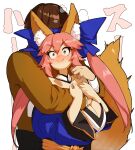  1boy 1girl absurdres animal_ear_fluff animal_ears bangs bare_shoulders blue_bow blue_kimono bow breasts brown_hair brown_jacket cleavage collarbone constricted_pupils detached_collar detached_sleeves duplicate eyebrows_visible_through_hair fate/extra fate_(series) fox_ears fox_girl fox_tail hair_between_eyes hair_bow highres hug hug_from_behind huge_breasts jacket japanese_clothes kimono kishinami_hakuno_(male) long_hair looking_at_viewer naze obi pink_hair pixel-perfect_duplicate sash short_hair sidelocks smelling smelling_hair smile steam tail tamamo_(fate) tamamo_no_mae_(fate/extra) tsukumihara_academy_uniform_(fate/extra) twintails wide_sleeves yellow_eyes 