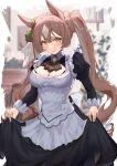  1girl alternate_costume animal_ears apron ascot black_dress blush braid breasts brooch brown_ascot brown_hair cleavage cleavage_cutout closed_mouth clothing_cutout dress ear_ornament enmaided gem grey_hair highres horse_ears indoors jewelry juliet_sleeves kyuu_(chiu850513) large_breasts long_hair long_sleeves looking_at_viewer maid multicolored_hair puffy_sleeves satono_diamond_(umamusume) skirt_hold solo twintails two-tone_hair umamusume very_long_hair white_apron yellow_eyes 