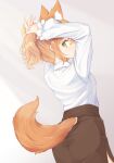  1girl absurdres adjusting_hair animal_ears black_skirt green_eyes highres long_sleeves looking_at_viewer looking_back medium_hair meemo orange_hair original rina_(meemo) shirt skirt smile tail tail_through_clothes white_shirt wolf_ears wolf_girl wolf_tail 