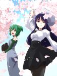  2girls :d absurdres arm_up assault_lily bag bangs bare_shoulders black_legwear black_skirt blue_sky breasts cherry_blossoms closed_mouth clothing_cutout collared_shirt commentary_request commission day dress eyebrows_visible_through_hair falling_petals fang flower green_eyes green_hair green_shirt grey_dress hair_between_eyes hair_ribbon hanami hand_on_headwear hat high-waist_skirt highres holding holding_bag juliet_sleeves long_dress long_hair long_sleeves looking_away medium_breasts miniskirt multiple_girls open_mouth outdoors pantyhose petals pink_flower pixiv_request puffy_sleeves purple_eyes purple_hair ribbon shirai_yuyu shirt short_hair shoulder_cutout skirt sky smile strapless strapless_dress sun_hat teeth thermos two_side_up upper_teeth urutsu_sahari white_headwear white_shirt yellow_ribbon yoshimura_thi_mai 