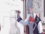  1girl blazer board bow bowtie cevio classroom commentary double_bun grey_hair grey_sweater hair_ornament hairclip hand_up highres holding holding_marker indoors jacket kabuyama_kaigi koharu_rikka marker pink_bow pink_bowtie pink_eyes scribble short_hair sidelighting sketch solo standing sweater synthesizer_v whiteboard writing 