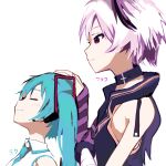  2girls aqua_hair aqua_necktie arm_warmers bandaged_arm bandages belt_collar character_name closed_eyes collar commentary flower_(vocaloid) flower_(vocaloid4) from_side hair_ornament hand_on_another&#039;s_head hatsune_miku headphones headset highres ienu jacket leaning_back long_hair looking_at_another multicolored_hair multiple_girls necktie purple_eyes purple_hair purple_jacket shirt short_hair simple_background single_arm_warmer sleeveless sleeveless_jacket sleeveless_shirt smile streaked_hair twintails upper_body vocaloid white_background white_hair white_shirt 
