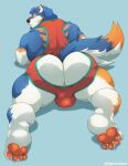  2022 absurd_res anthro anus back_muscles barazoku barefoot big_bulge big_butt big_muscles blue_background bulge butt canid canine canis clothed clothing domestic_dog feet fur hi_res huge_bulge huge_butt huge_muscles looking_at_viewer looking_back looking_back_at_viewer lying male mammal muscular muscular_anthro muscular_male on_front pawpads shadow simple_background solo thick_thighs tuft tylerstark wrestling_singlet 