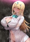  1girl alternate_costume arms_under_breasts bangs blonde_hair blush bra bra_peek breasts bursting_breasts cleavage cleavage_cutout closed_mouth clothing_cutout collared_shirt commentary_request crossed_arms earrings eyebrows_visible_through_hair gem green_bra headpiece highres jewelry large_breasts long_hair looking_at_viewer mythra_(xenoblade) navel ponponmaru shirt solo standing steam stomach swept_bangs tiara underwear very_long_hair white_shirt xenoblade_chronicles_(series) xenoblade_chronicles_2 yellow_eyes 