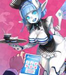  1boy 1girl android argyle argyle_background bangs black_bow blue_eyes blue_hair blunt_bangs blush bow breasts cup diamond_(shape) english_text humanoid_robot joints looking_at_viewer maid mecha_musume mechanical_arms mechanical_legs mechanical_parts mechanical_wings menu open_mouth original out_of_frame pointy_ears pov robot_joints smile solo_focus tablet_pc teacup tray wings xaxaxa 