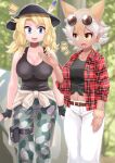  2girls absurdres animal_ears arm_at_side arms_at_sides bare_arms bare_shoulders blonde_hair blue_eyes blurry blurry_background breasts brown_hair calenda_(kemono_friends) camisole coyote_(kemono_friends) cuffs dark-skinned_female dark_skin day earrings extra_ears eyewear_on_head fangs feet_out_of_frame fur_cuffs hair_between_eyes hand_up hat hat_feather highres jewelry kemono_friends large_breasts light_brown_hair long_hair looking_at_another medium_hair midriff multicolored_hair multiple_girls navel open_clothes open_mouth open_shirt outdoors pants plaid plaid_shirt pouch ras_(ras33635191) round_eyewear shirt smile standing stomach sunglasses thigh_strap two-tone_hair white_hair white_pants yellow_eyes 