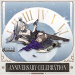  1girl alcohol anniversary artist_request bangs black_dress black_footwear black_legwear bottle breasts champagne champagne_bottle character_name chiappa_rhino chinese_text copyright_name crown dial dress eyebrows_visible_through_hair floral_print full_body girls&#039;_frontline grey_hair gun hair_ornament hair_ribbon handgun high_heels holding holding_gun holding_weapon jewelry long_hair looking_at_viewer lying multicolored_hair necklace official_alternate_costume official_art on_floor on_side open_mouth promotional_art purple_ribbon revolver rhino_(girls&#039;_frontline) ribbon simple_background small_breasts solo spill streaked_hair thighhighs thighs torn_clothes torn_dress torn_legwear weapon yellow_eyes 
