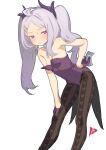  1girl absurdres ahoge bare_shoulders blue_archive blush breasts coattails feet_out_of_frame gloves grey_hair hair_ornament hairclip half_gloves heart heart_print highres hina_(blue_archive) leotard long_hair oversized_breast_cup pantyhose parted_lips playboy_bunny purple_eyes purple_leotard redauto simple_background sketch small_breasts solo strapless strapless_leotard sweatdrop twintails wavy_mouth white_background 