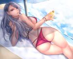  1girl ass beach bikini bracelet breasts brown_eyes cloud cloudy_sky dutch_angle earrings eyebrows_visible_through_hair grey_hair hair_ornament highres holding jewelry large_breasts long_hair looking_back lying niijima_sae ocean on_side open_mouth outdoors parasol persona persona_5 red_bikini shoulder_blades sidelocks sky solo strap_gap summer swimsuit thigh_gap umbrella yaoto 