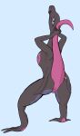  absurd_res blue_background featureless_crotch female hi_res humanoid lizard looking_at_viewer nintendo pink_body pink_skin pok&eacute;mon pok&eacute;mon_(species) pose purple_body purple_eyes purple_skin raised_tail reptile salazzle scalie simple_background solo tagme video_games wooperanon 