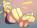  2022 4:3 5_toes animal_crossing anthro barefoot blush blush_stickers bottomwear breasts butt canid canine canis cleavage clothed clothing dialogue digital_media_(artwork) domestic_dog english_text feet female foot_focus fur hi_res howsplendid humanoid_feet isabelle_(animal_crossing) looking_at_viewer mammal nintendo open_clothing open_shirt open_topwear shih_tzu shirt simple_background sitting skirt soles solo text toe_curl toes topwear toy_dog video_games yellow_body yellow_fur 